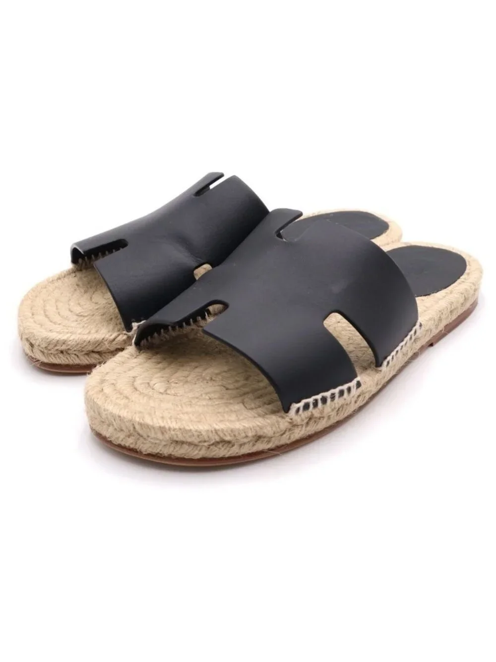 Hermes Antigua Leather Espadrilles Sandals Black